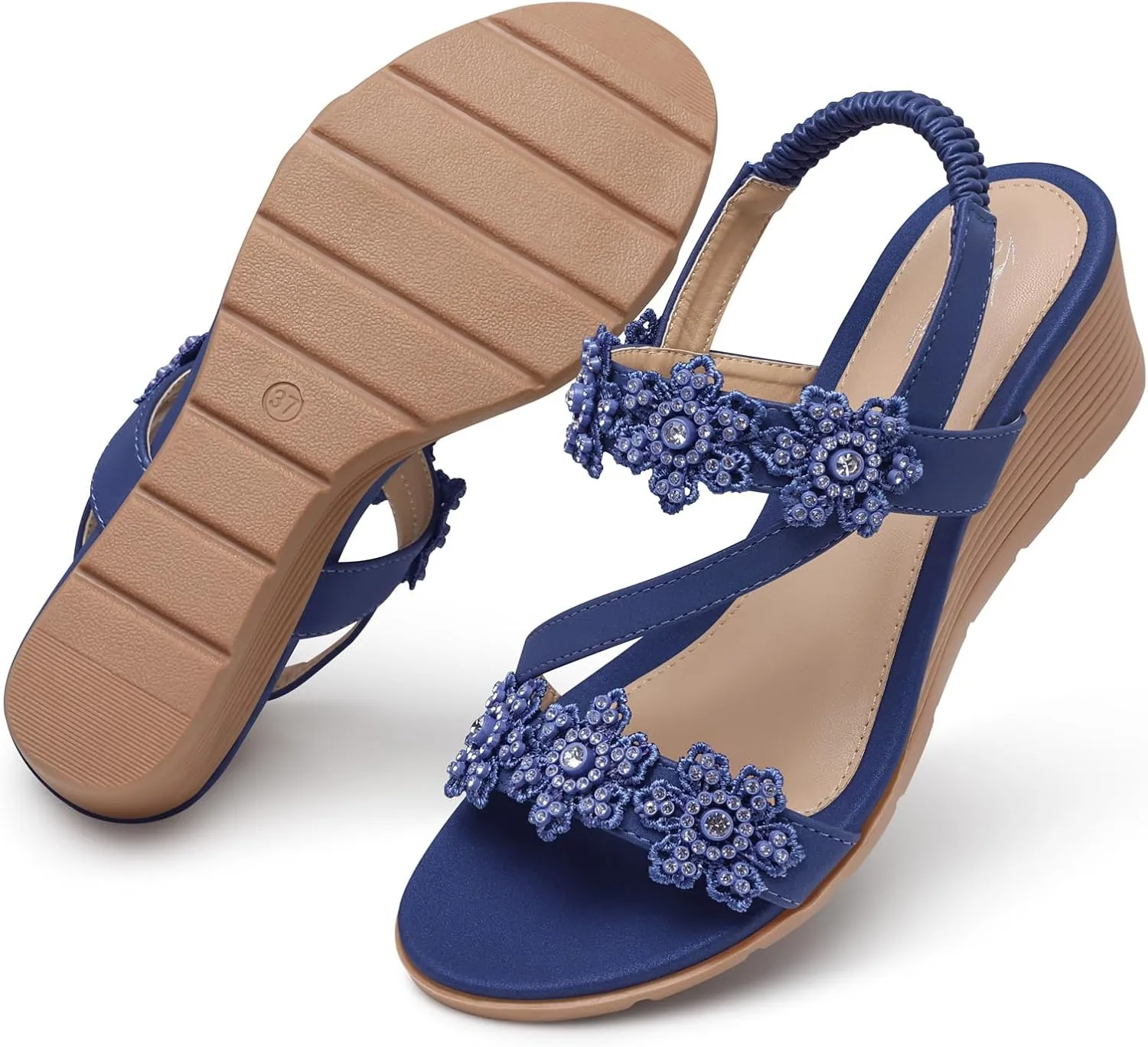 SHIBEVER Wedge Sandals for Women Dressy: Summer Open Toe Low Platform Wedges Sandals Elastic Ankle Strap Flower Comfortable Casual Shoes