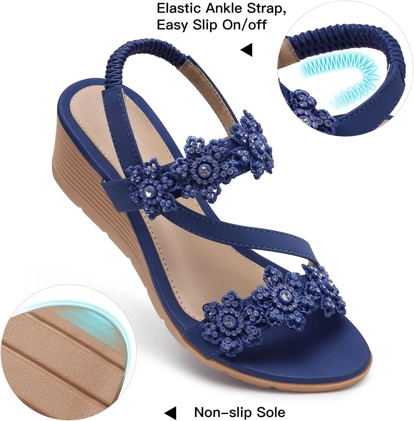 SHIBEVER Wedge Sandals for Women Dressy: Summer Open Toe Low Platform Wedges Sandals Elastic Ankle Strap Flower Comfortable Casual Shoes