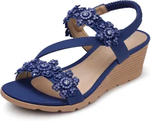 SHIBEVER Wedge Sandals for Women Dressy: Summer Open Toe Low Platform Wedges Sandals Elastic Ankle Strap Flower Comfortable Casual Shoes