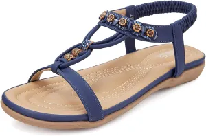 SHIBEVER Womens Sandals Summer Bohemian Flat Sandals Shoes with Elastic Strap Dressy Sandal