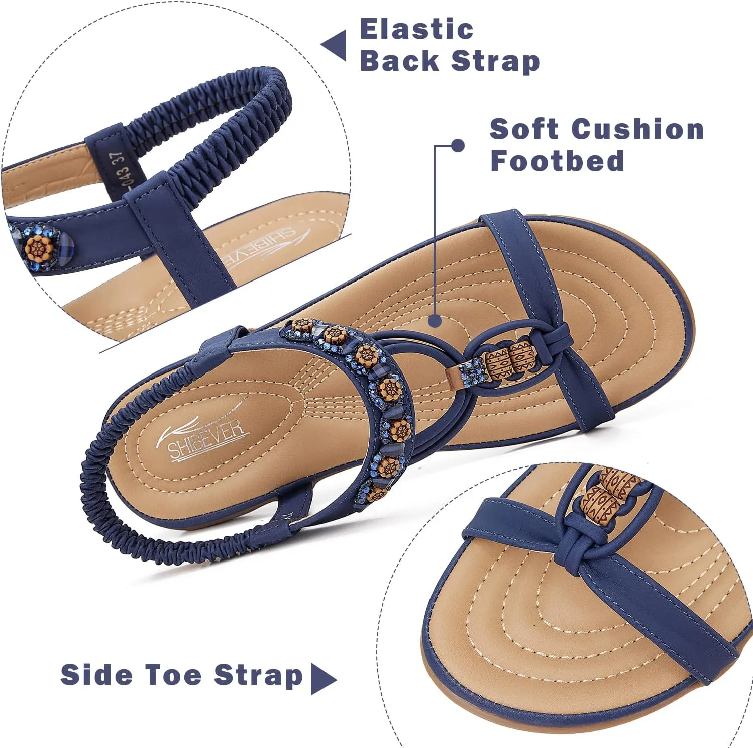 SHIBEVER Womens Sandals Summer Bohemian Flat Sandals Shoes with Elastic Strap Dressy Sandal