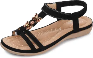 SHIBEVER Womens Sandals Summer Bohemian Flat Sandals Shoes with Elastic Strap Dressy Sandal