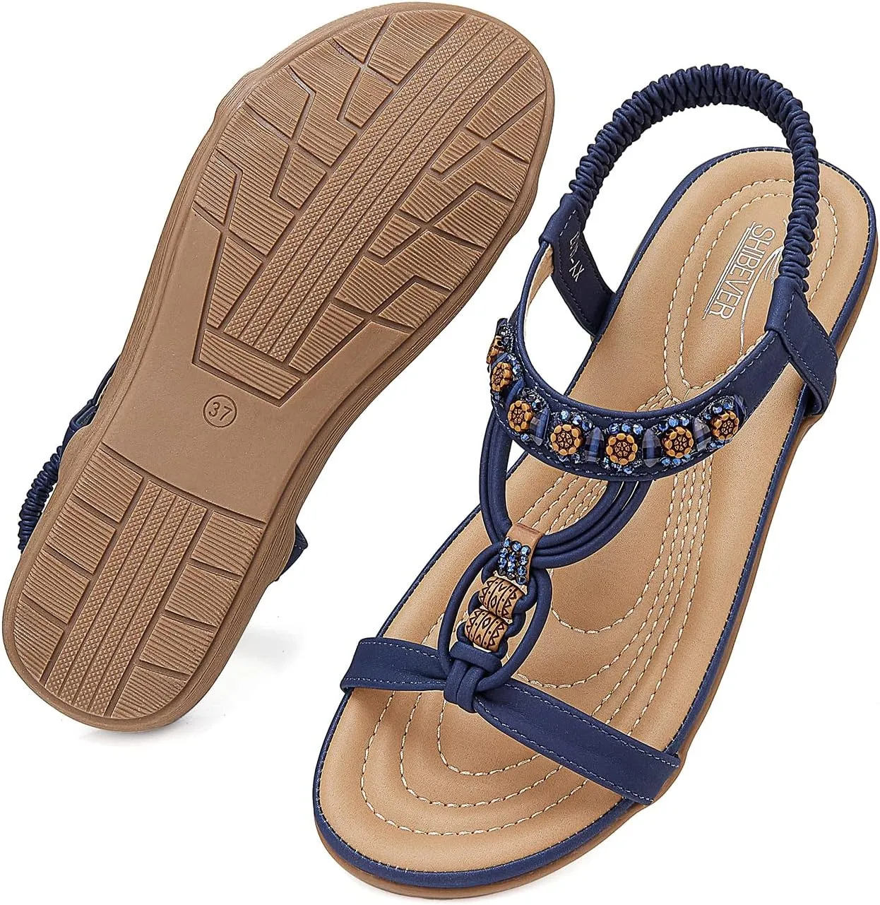 SHIBEVER Womens Sandals Summer Bohemian Flat Sandals Shoes with Elastic Strap Dressy Sandal