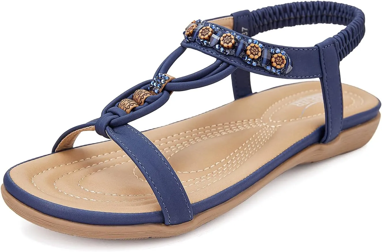 SHIBEVER Womens Sandals Summer Bohemian Flat Sandals Shoes with Elastic Strap Dressy Sandal