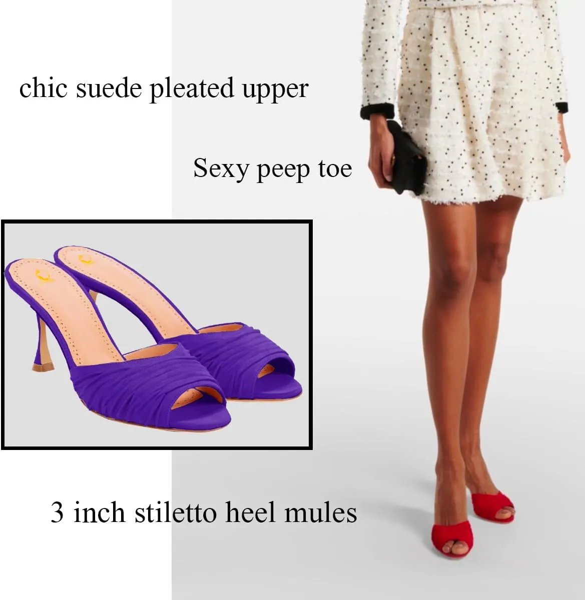 SHODENSE Women Suede Stiletto Heel Mules Evening Open Toe Slip On Mule Sandals Suede Pleated Sexy 3 Inch Stiletto Heeled Sandals Peep Toe Mule Heels Dress Party Wedding 4-11 M US