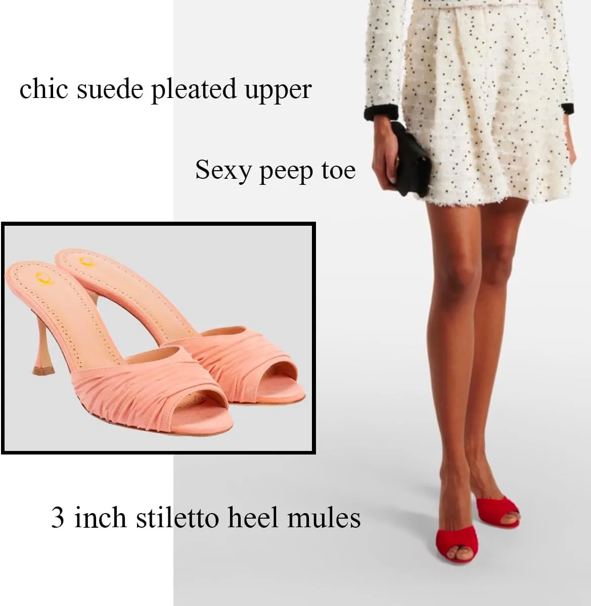 SHODENSE Women Suede Stiletto Heel Mules Evening Open Toe Slip On Mule Sandals Suede Pleated Sexy 3 Inch Stiletto Heeled Sandals Peep Toe Mule Heels Dress Party Wedding 4-11 M US