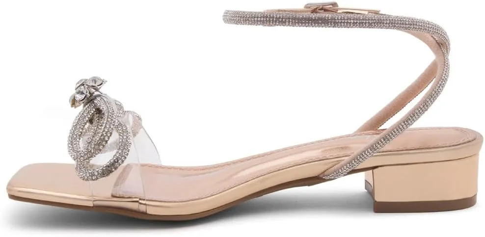 Shoe Land Women's Low Heels Dressy Sandals for 2025-1 Inch Chunky Block Short Heels | Square Open Toe with Adjustable Ankle Strap | Wedding & Party Heeled Sandals