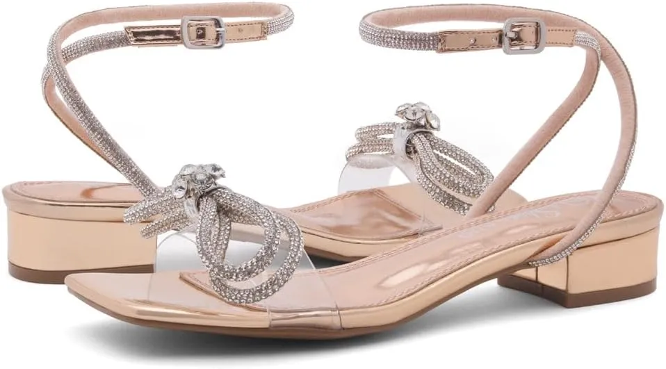 Shoe Land Women's Low Heels Dressy Sandals for 2025-1 Inch Chunky Block Short Heels | Square Open Toe with Adjustable Ankle Strap | Wedding & Party Heeled Sandals