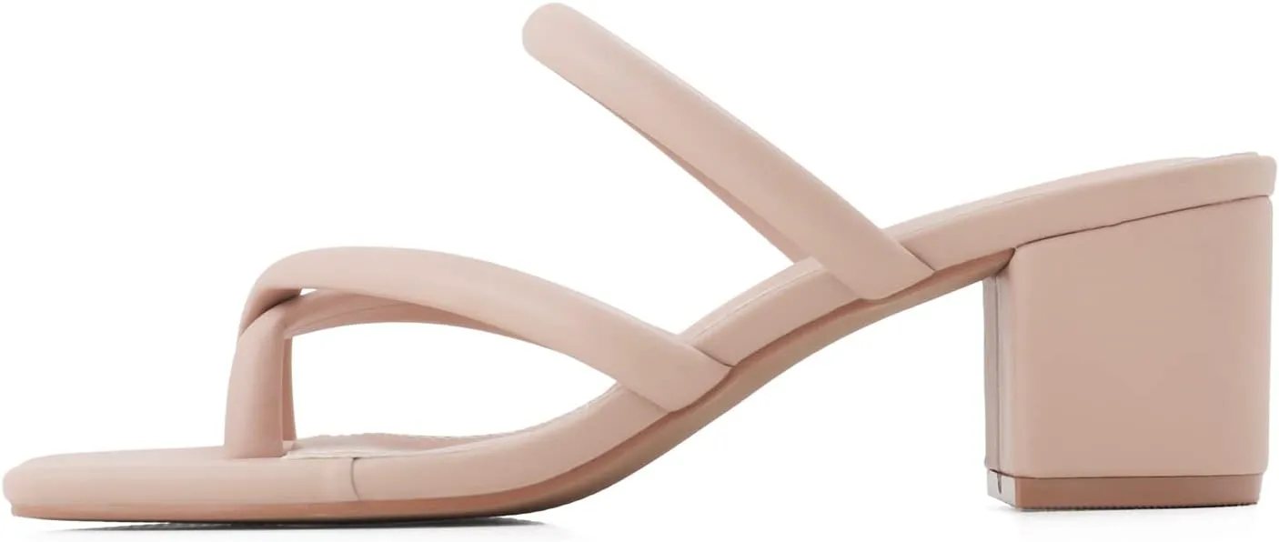 Shoe'N Tale Low Heels for Women Chunky Block Heel Toe-ring Heeled Sandals Square Toe Slip On Slides