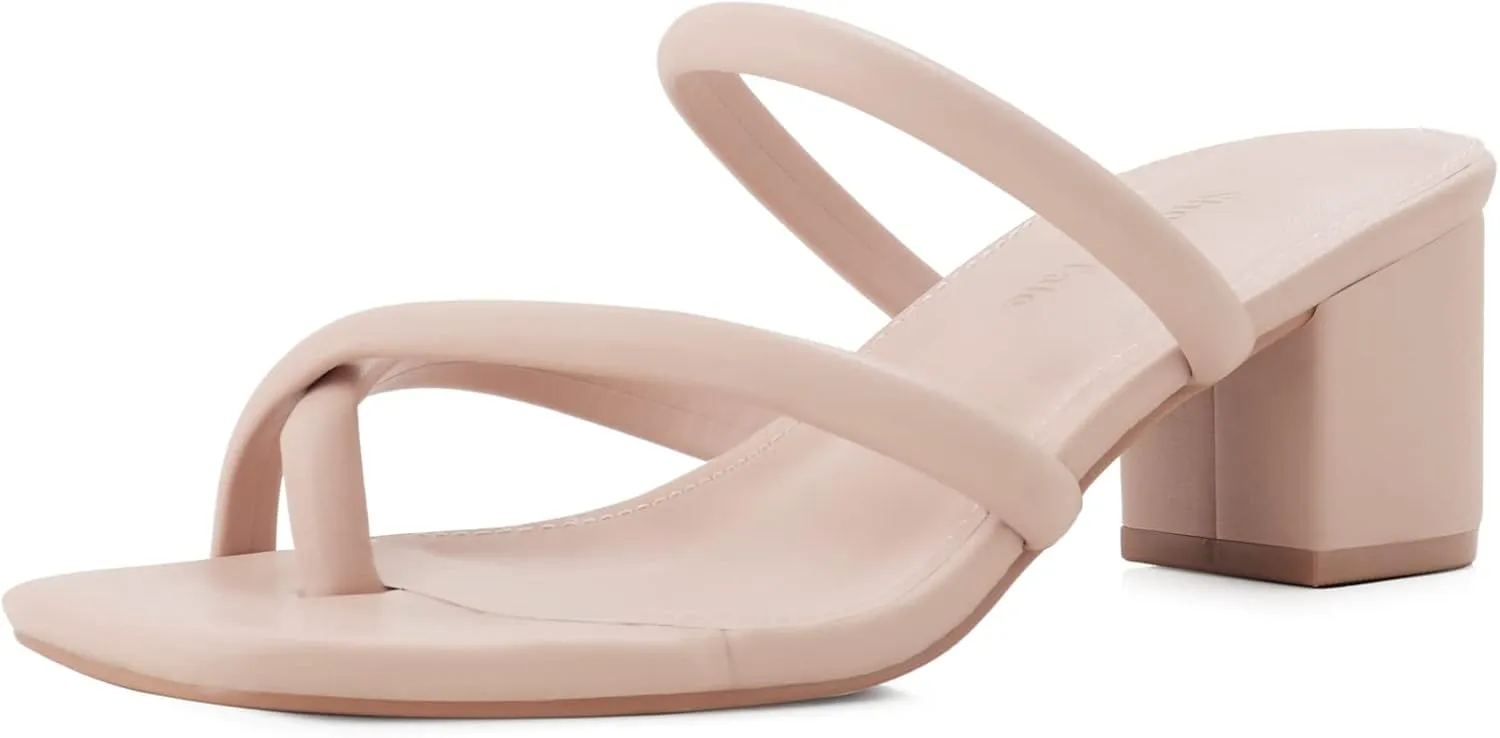 Shoe'N Tale Low Heels for Women Chunky Block Heel Toe-ring Heeled Sandals Square Toe Slip On Slides