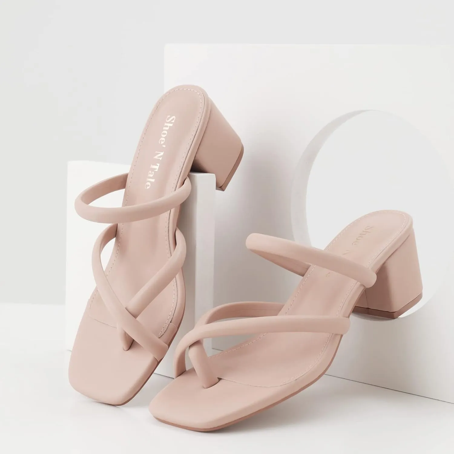 Shoe'N Tale Low Heels for Women Chunky Block Heel Toe-ring Heeled Sandals Square Toe Slip On Slides