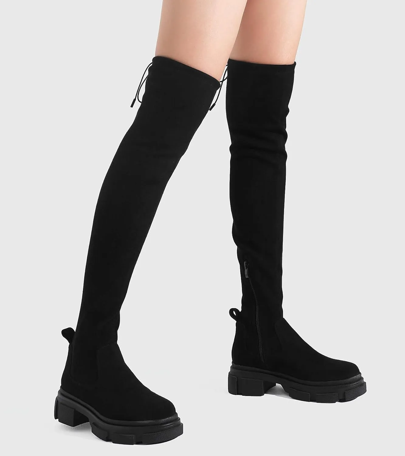 Shoe'N Tale Thigh High Knit Sock Boots Round Toe Mid Chunky Heel Stretch Over the Knee Boots for Women