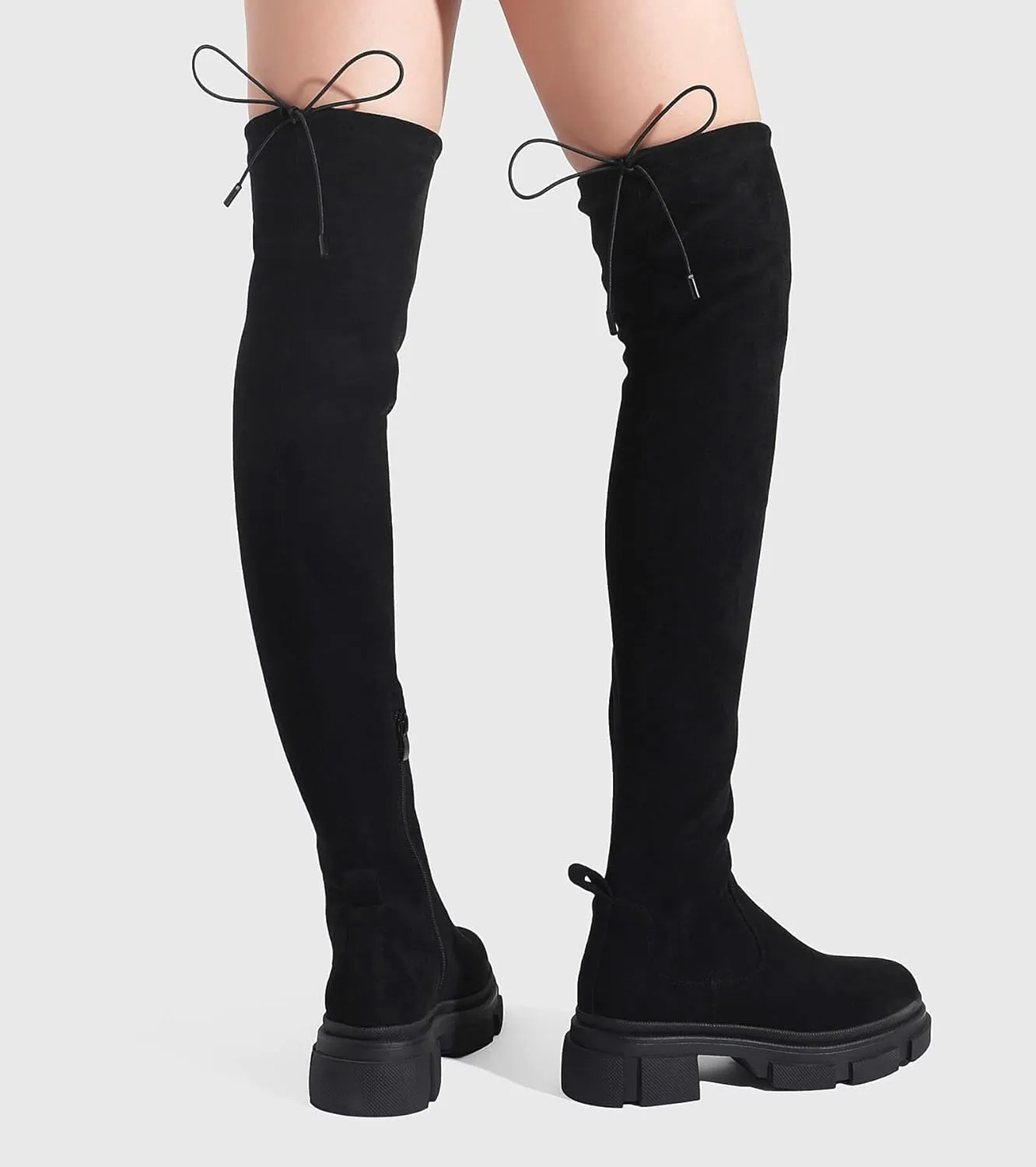Shoe'N Tale Thigh High Knit Sock Boots Round Toe Mid Chunky Heel Stretch Over the Knee Boots for Women