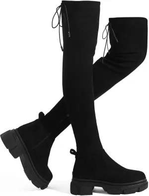 Shoe'N Tale Thigh High Knit Sock Boots Round Toe Mid Chunky Heel Stretch Over the Knee Boots for Women