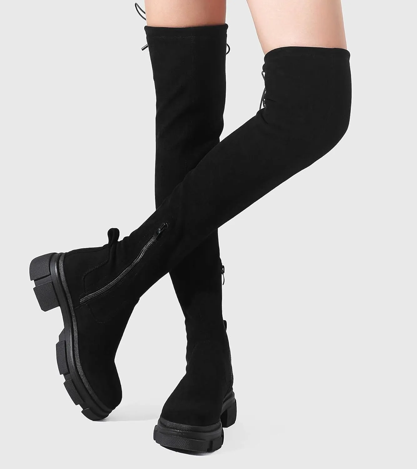 Shoe'N Tale Thigh High Knit Sock Boots Round Toe Mid Chunky Heel Stretch Over the Knee Boots for Women