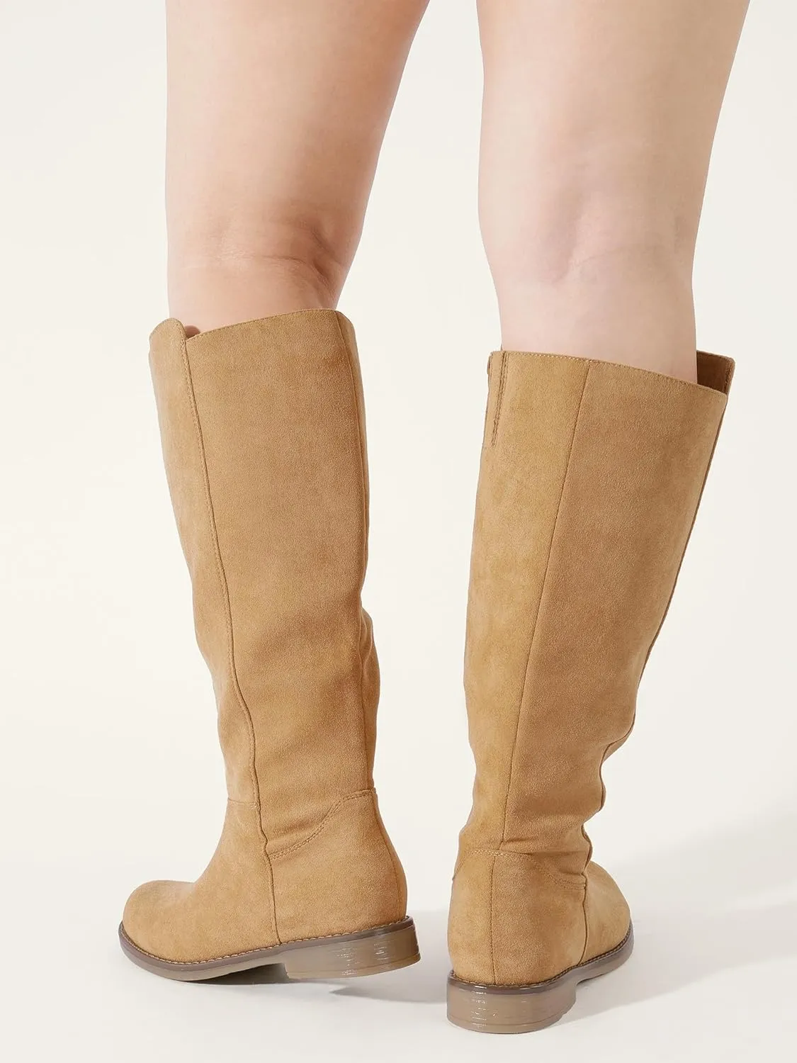 Shoe'N Tale Wide Calf Knee High Boots for Women Flat Low Heel Width Stretchy Round Toe with Side Zipper Fall and Winter Fashion Comfortable