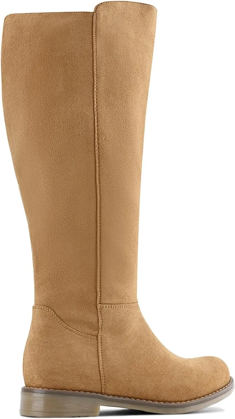 Shoe'N Tale Wide Calf Knee High Boots for Women Flat Low Heel Width Stretchy Round Toe with Side Zipper Fall and Winter Fashion Comfortable