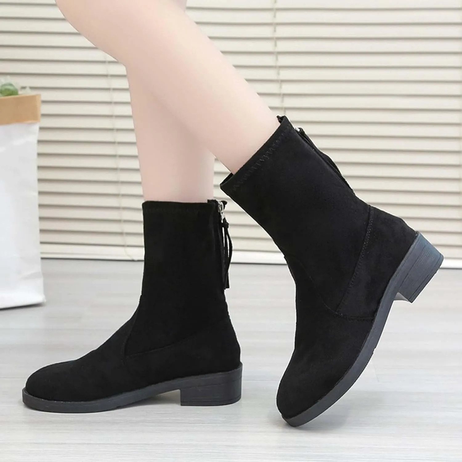 Shoes for Woman Large Size Fringe Back Zipper Short Boots Anti Slip Chunky Heel Snow Boots Classic Outdoor Boots