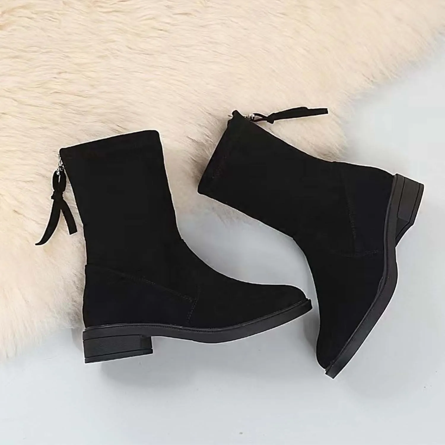 Shoes for Woman Large Size Fringe Back Zipper Short Boots Anti Slip Chunky Heel Snow Boots Classic Outdoor Boots