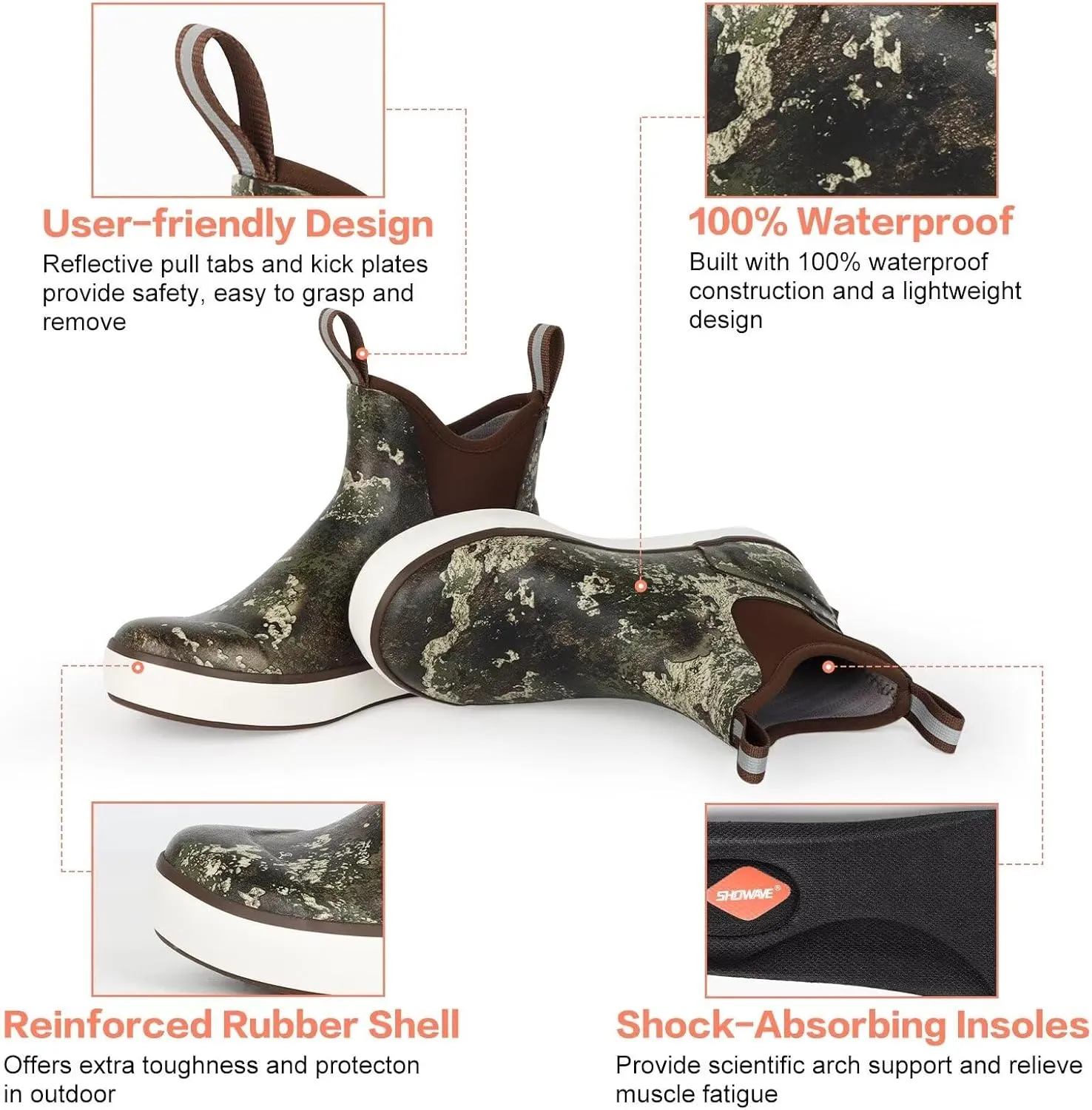Showave Men’s Deck Boots Waterproof Ankle Saltwater Rain Boot Fishing Rubber Boots Slip On Neoprene Boat Booties Work Sailing Boot For Men