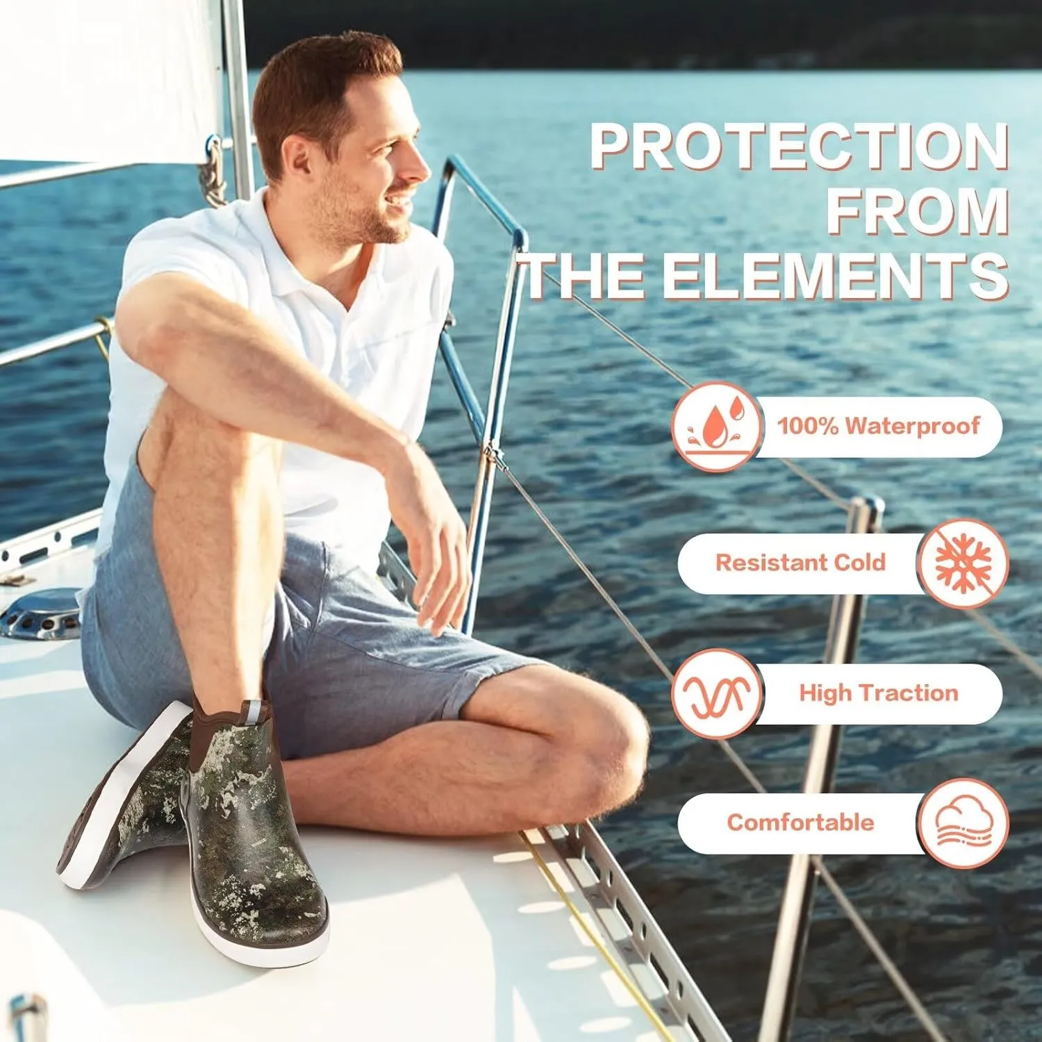 Showave Men’s Deck Boots Waterproof Ankle Saltwater Rain Boot Fishing Rubber Boots Slip On Neoprene Boat Booties Work Sailing Boot For Men