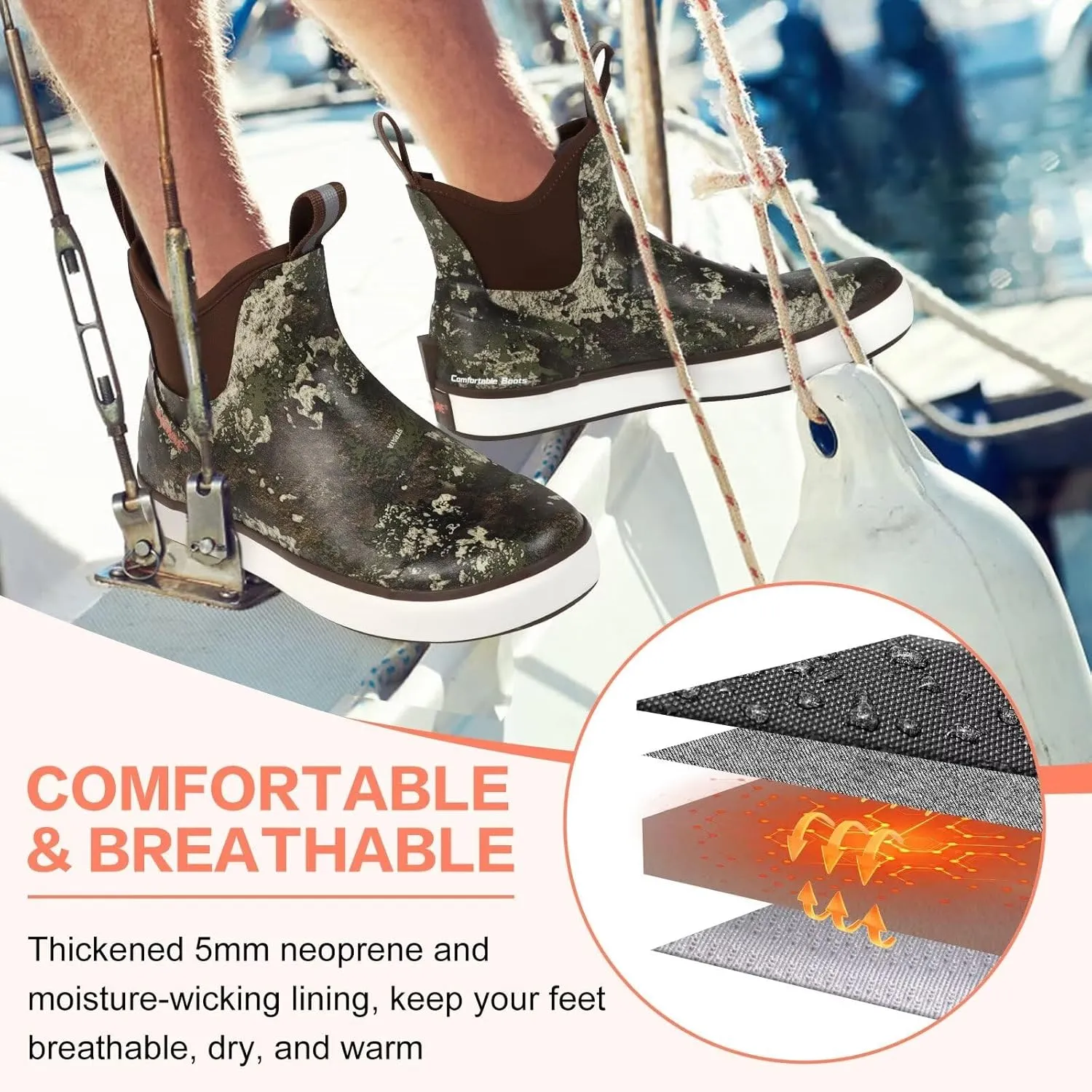 Showave Men’s Deck Boots Waterproof Ankle Saltwater Rain Boot Fishing Rubber Boots Slip On Neoprene Boat Booties Work Sailing Boot For Men