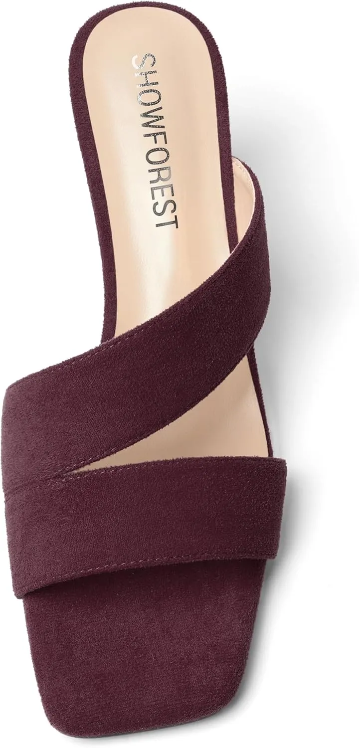 SHOWFOREST Womens Square Toe Casual Slip On Home Suede Solid Kitten Mid Heel Heeled Sandals 2.5 Inch