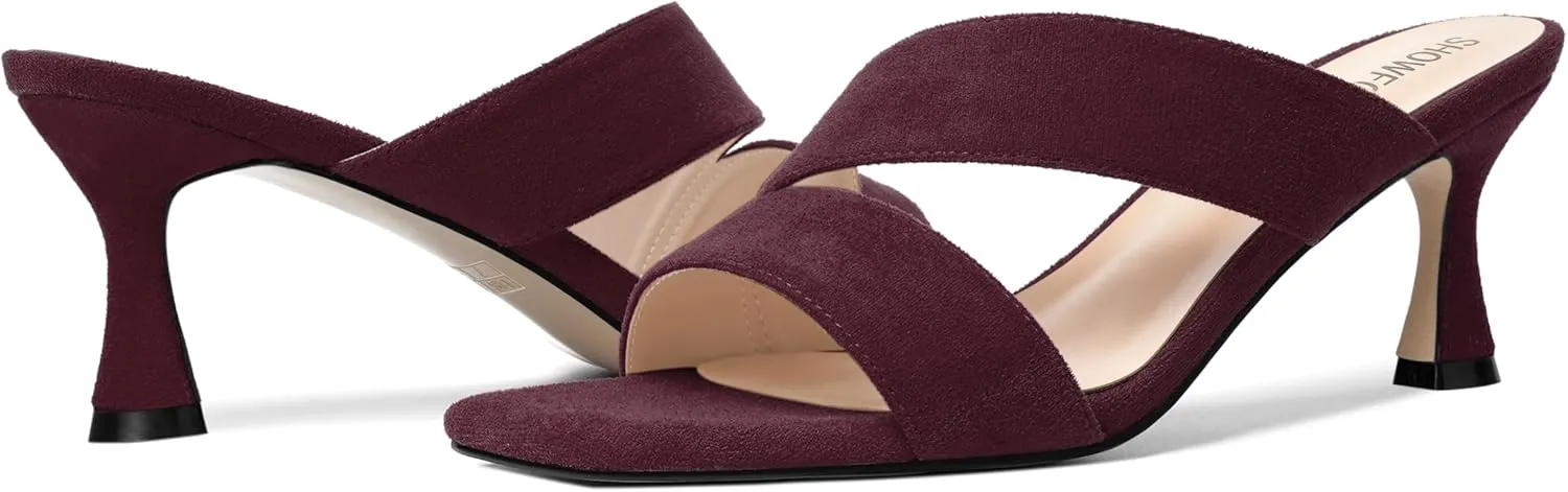 SHOWFOREST Womens Square Toe Casual Slip On Home Suede Solid Kitten Mid Heel Heeled Sandals 2.5 Inch