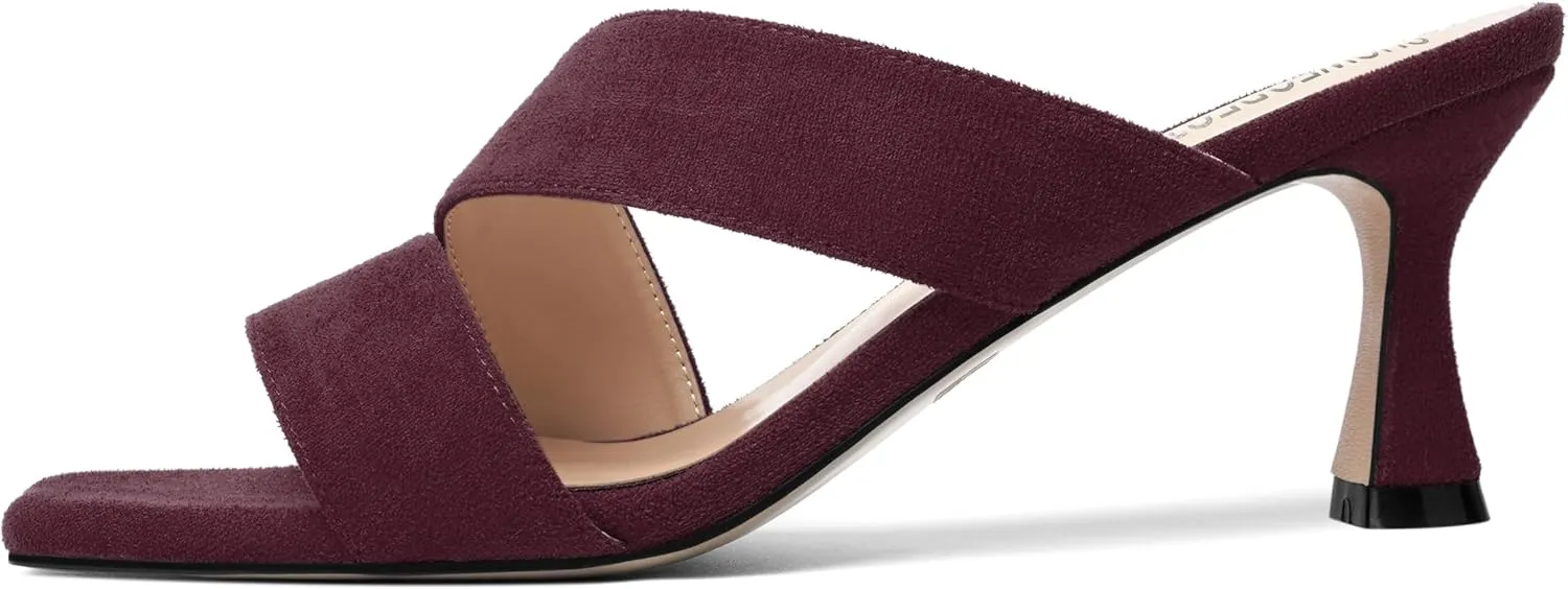 SHOWFOREST Womens Square Toe Casual Slip On Home Suede Solid Kitten Mid Heel Heeled Sandals 2.5 Inch