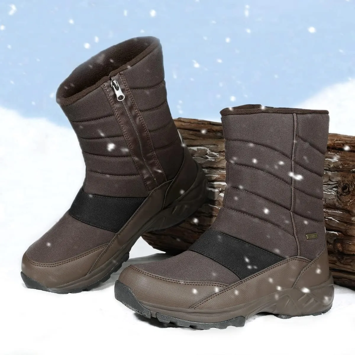 SILENTCARE Mens Winter Mid-Calf Snow Boot Fur Warm Waterproof Slip On Outdoor Athletic