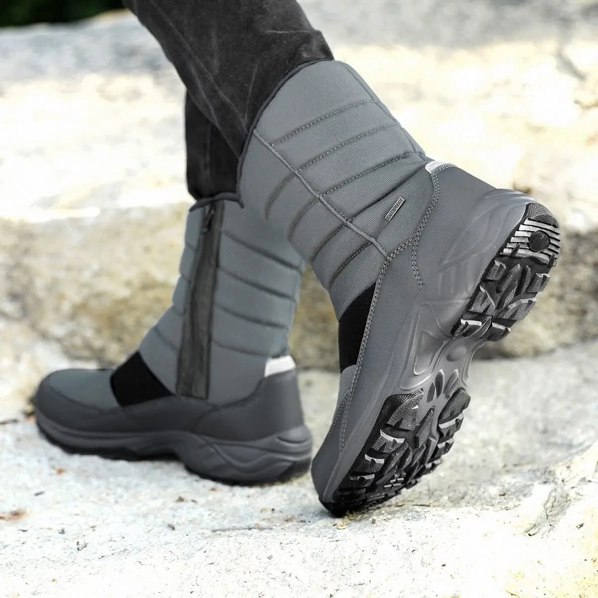 SILENTCARE Mens Winter Mid-Calf Snow Boot Fur Warm Waterproof Slip On Outdoor Athletic