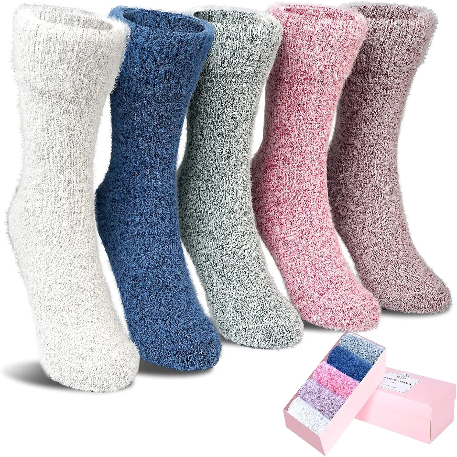 SISOSOCK 5 Pairs Fuzzy Winter Warm Wool Thick Soft Cozy Womens Knit Sleep Socks with Gifts Box