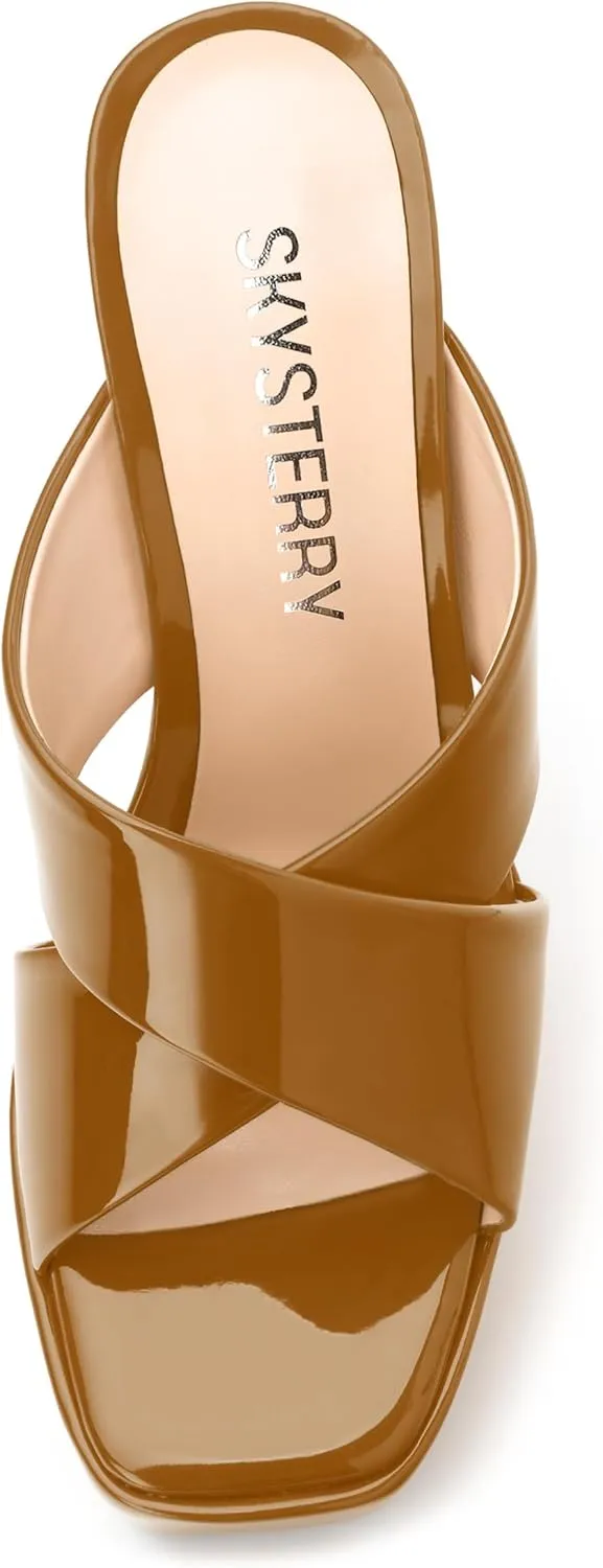 SKYSTERRY Women's Platform Heels 5.1-Inch High Chunky Block Wedges Heel Square Open Toe Sandals Patent Comfortable Slip On Cross-Strap Dressy Pumps Shoes