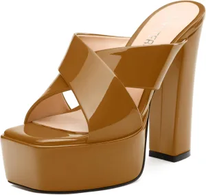 SKYSTERRY Women's Platform Heels 5.1-Inch High Chunky Block Wedges Heel Square Open Toe Sandals Patent Comfortable Slip On Cross-Strap Dressy Pumps Shoes