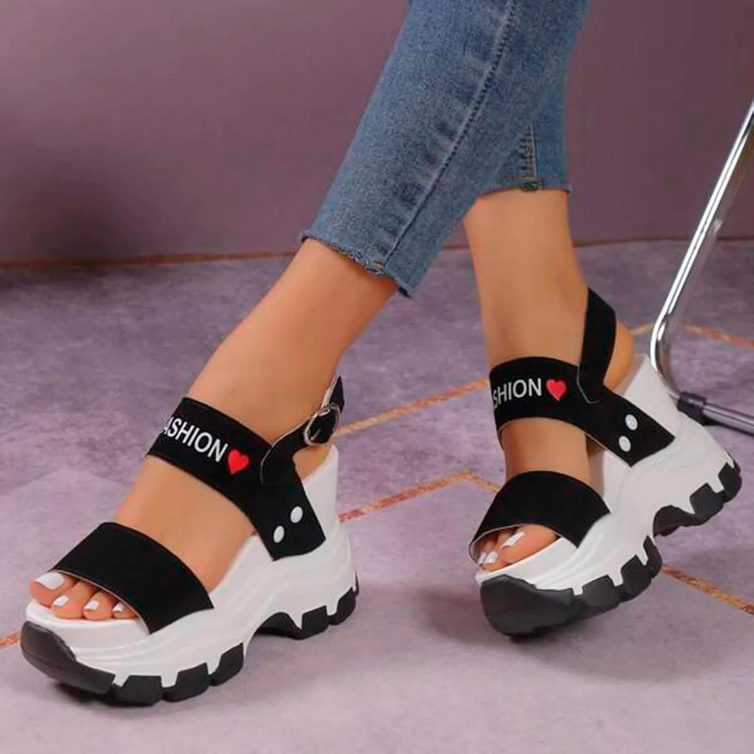Slope Heeled Sandals for Women Summe Thick Sole with Raised Exposed Toe Slope Heeled Platform Slide Sandals for Women (Black, 6.5)