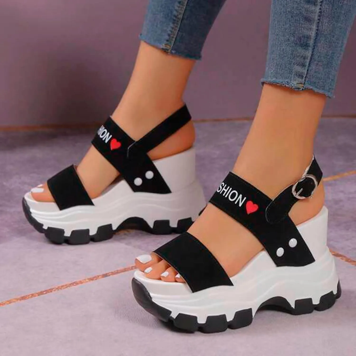 Slope Heeled Sandals for Women Summe Thick Sole with Raised Exposed Toe Slope Heeled Platform Slide Sandals for Women (Black, 6.5)