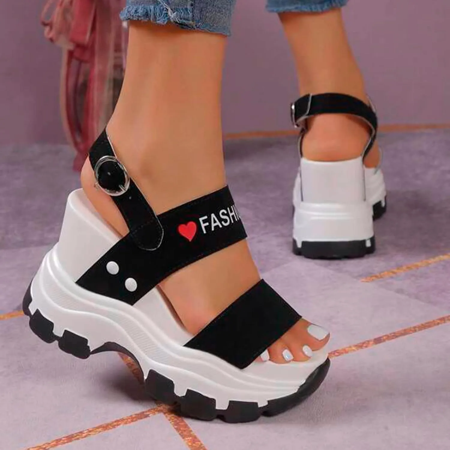 Slope Heeled Sandals for Women Summe Thick Sole with Raised Exposed Toe Slope Heeled Platform Slide Sandals for Women (Black, 6.5)