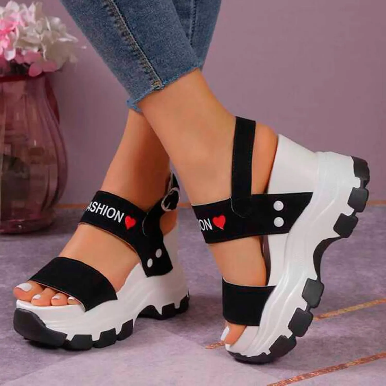 Slope Heeled Sandals for Women Summe Thick Sole with Raised Exposed Toe Slope Heeled Platform Slide Sandals for Women (Black, 6.5)