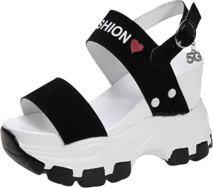 Slope Heeled Sandals for Women Summe Thick Sole with Raised Exposed Toe Slope Heeled Platform Slide Sandals for Women (Black, 6.5)