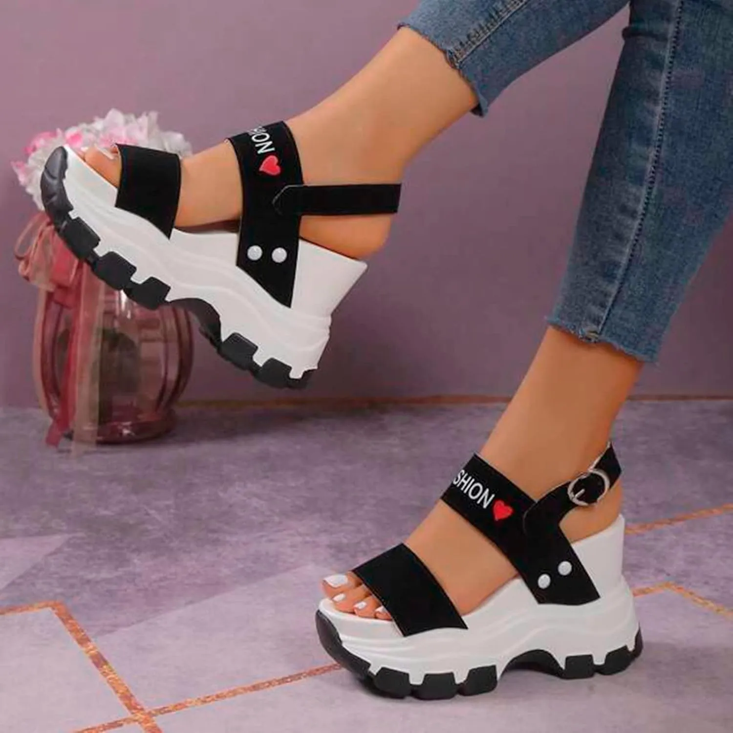 Slope Heeled Sandals for Women Summe Thick Sole with Raised Exposed Toe Slope Heeled Platform Slide Sandals for Women (Black, 6.5)