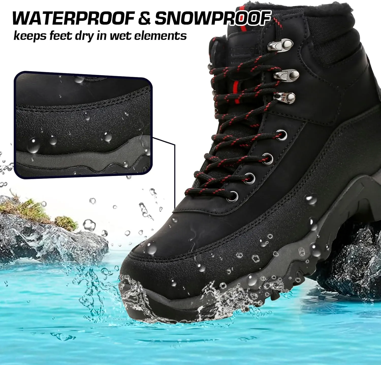 Snow Boots for Men, Slip on Waterproof Hiking Boots with Fur Lined, Mens Winter Boots Shoes Non-Slip Rubber Sole Outdoor Comfortable Walking Shoes