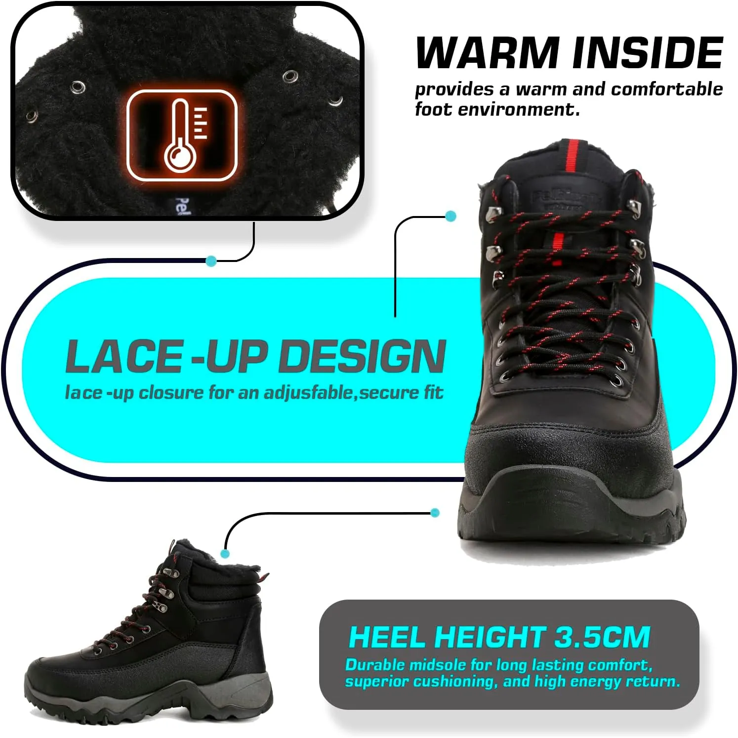 Snow Boots for Men, Slip on Waterproof Hiking Boots with Fur Lined, Mens Winter Boots Shoes Non-Slip Rubber Sole Outdoor Comfortable Walking Shoes
