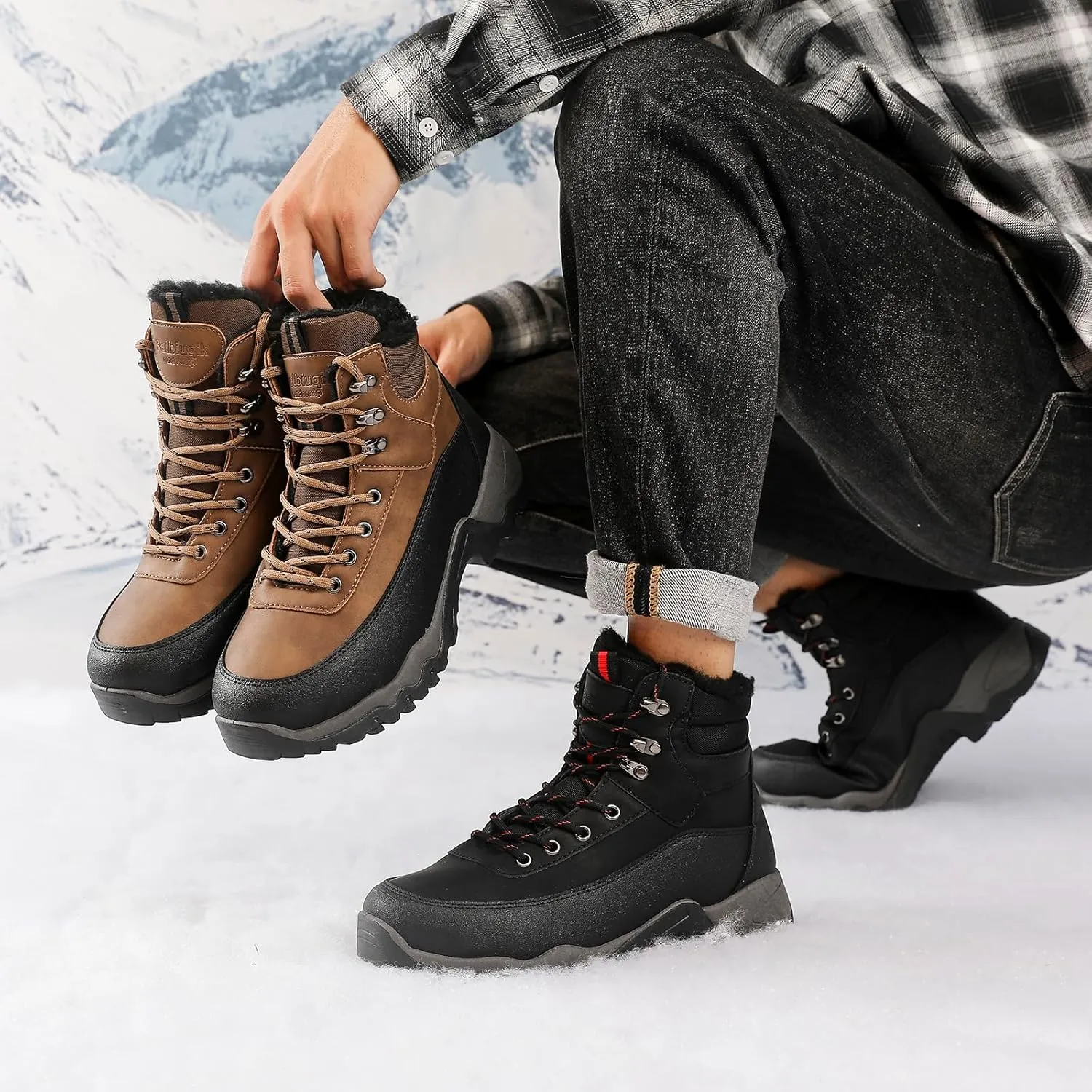 Snow Boots for Men, Slip on Waterproof Hiking Boots with Fur Lined, Mens Winter Boots Shoes Non-Slip Rubber Sole Outdoor Comfortable Walking Shoes