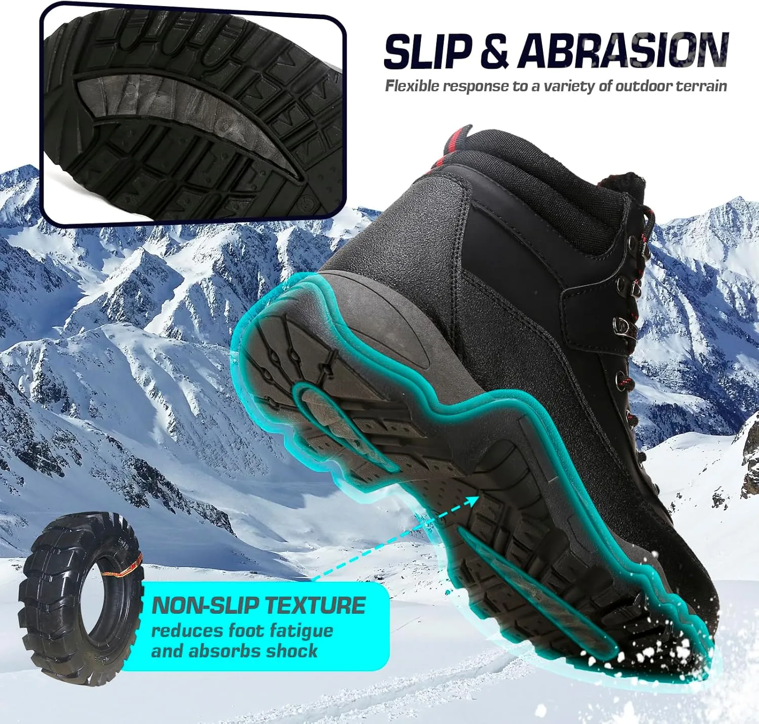 Snow Boots for Men, Slip on Waterproof Hiking Boots with Fur Lined, Mens Winter Boots Shoes Non-Slip Rubber Sole Outdoor Comfortable Walking Shoes
