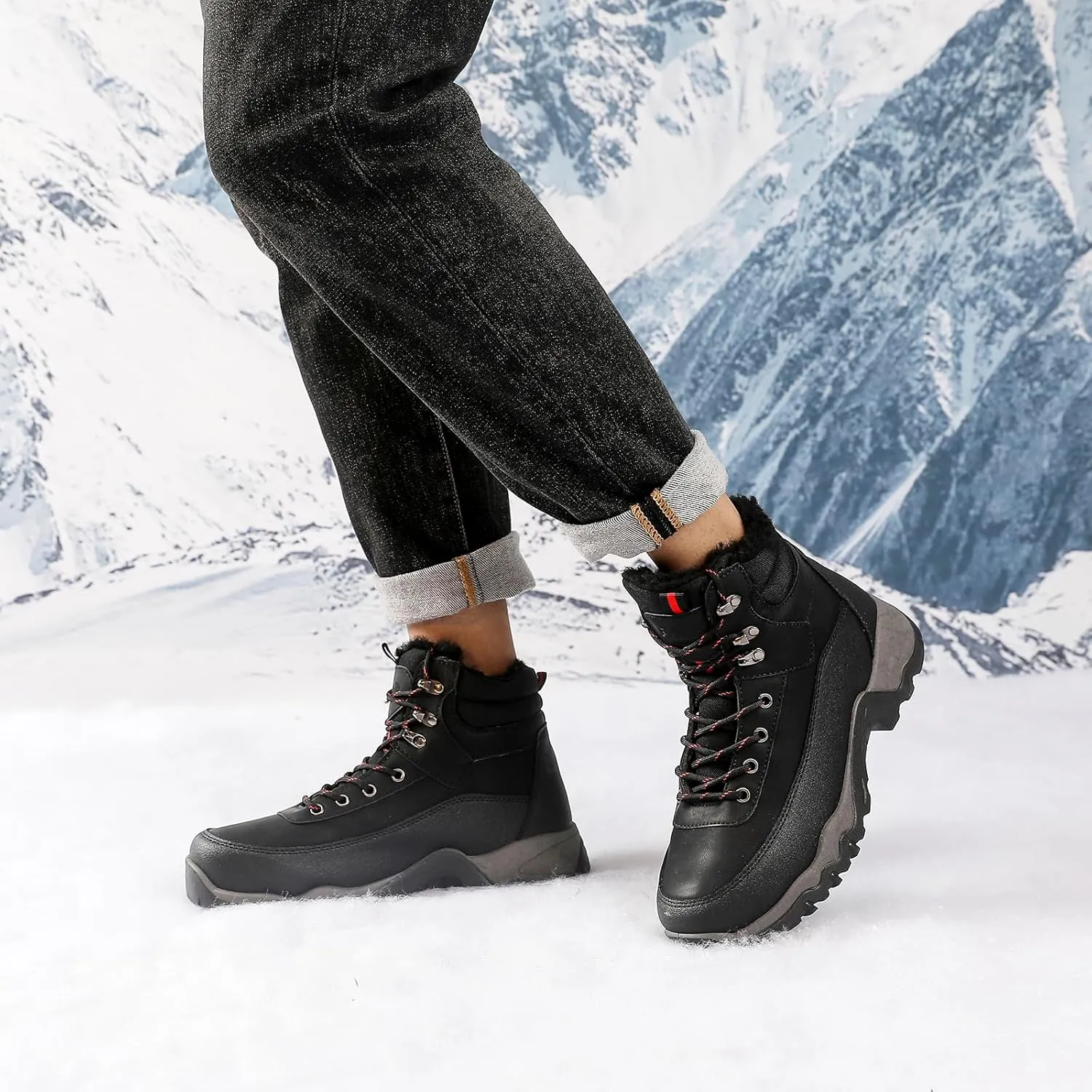 Snow Boots for Men, Slip on Waterproof Hiking Boots with Fur Lined, Mens Winter Boots Shoes Non-Slip Rubber Sole Outdoor Comfortable Walking Shoes