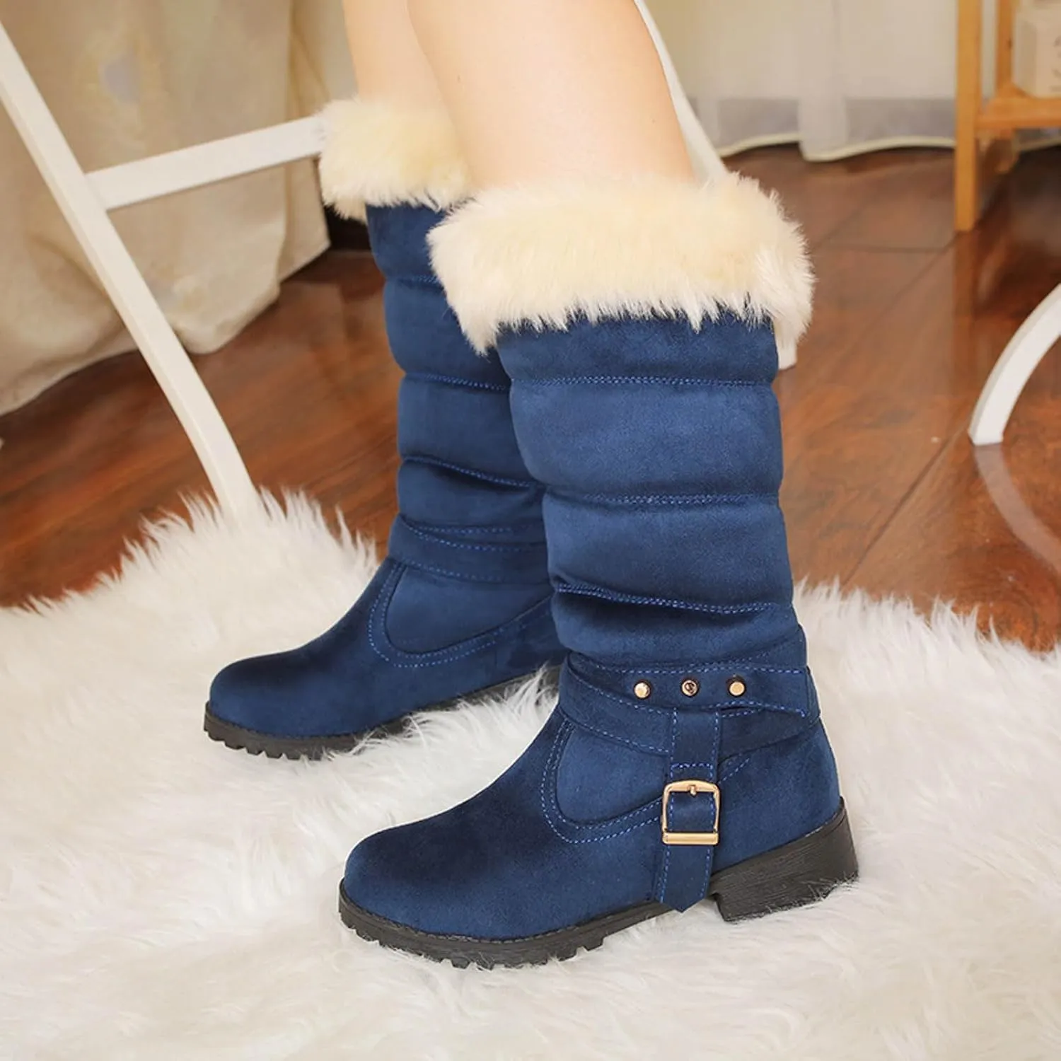 Snow Boots for Women Warm Winter Cotton Belt Mid Calf Boots Round Toe Velvet Lined Low Heel Anti-Slip Resistant Booties