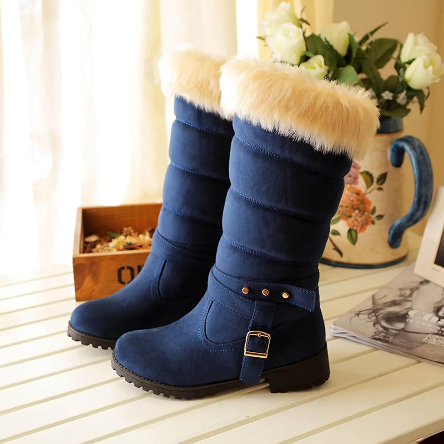 Snow Boots for Women Warm Winter Cotton Belt Mid Calf Boots Round Toe Velvet Lined Low Heel Anti-Slip Resistant Booties