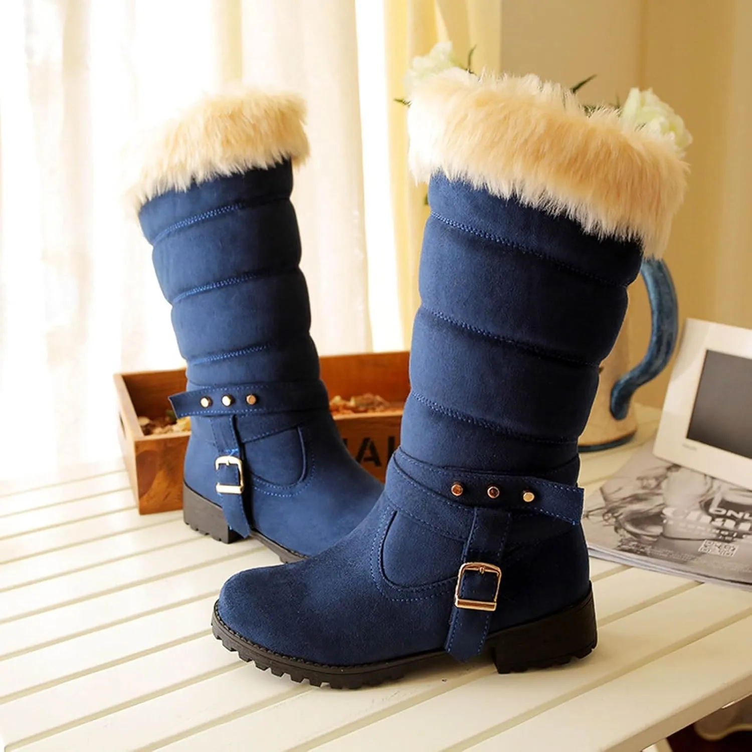 Snow Boots for Women Warm Winter Cotton Belt Mid Calf Boots Round Toe Velvet Lined Low Heel Anti-Slip Resistant Booties