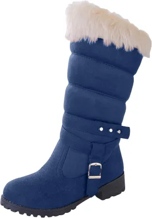 Snow Boots for Women Warm Winter Cotton Belt Mid Calf Boots Round Toe Velvet Lined Low Heel Anti-Slip Resistant Booties