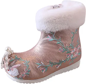 Soft Bottom Boots Baby Girls Ankle Pearl Boots Warm Cotton Boots Embroidered Boots National Boots (B, 12.5 Little Child)